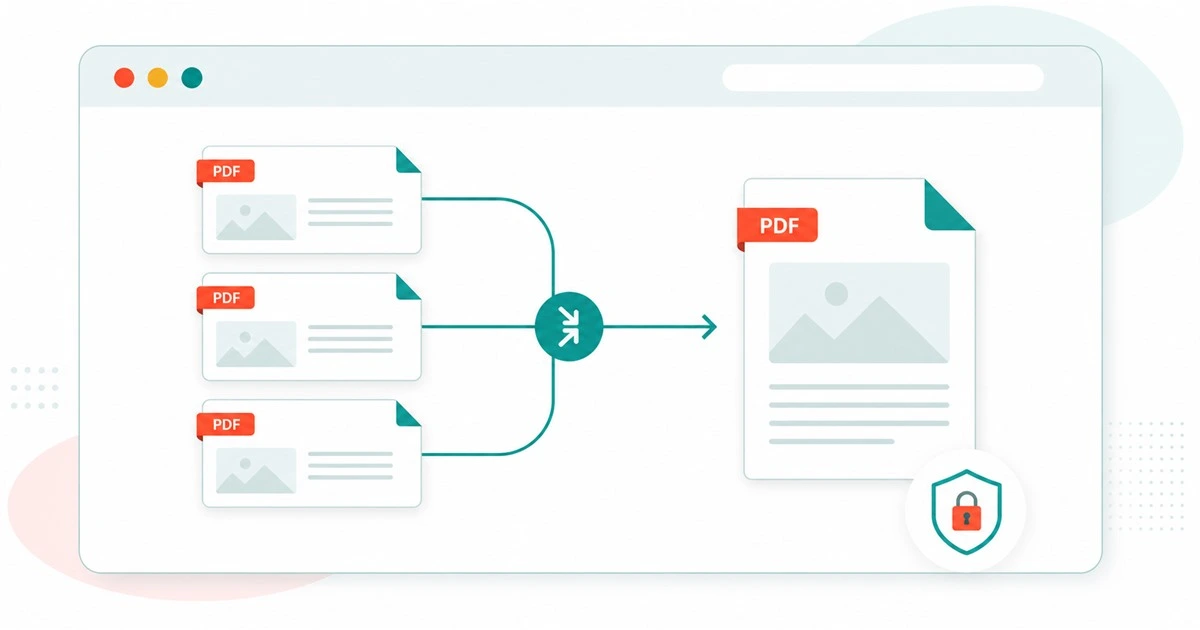 Illustration of PDF files being merged securely in a browser