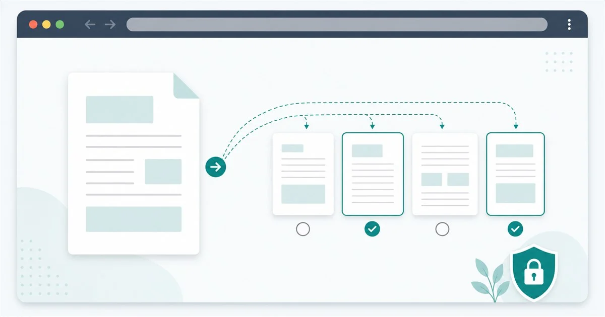 Illustration of a PDF being split into selected pages in a browser
