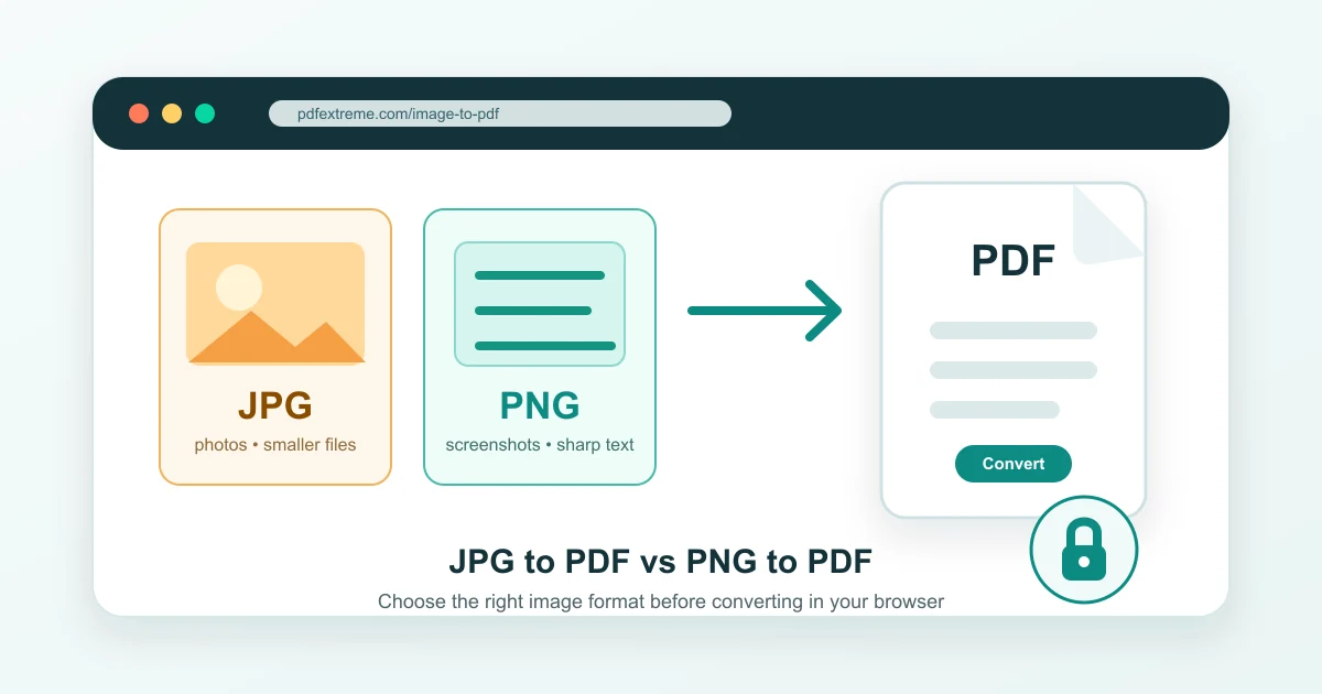Illustration comparing JPG and PNG images being converted to PDF in a browser