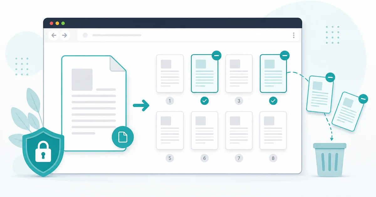 Illustration of selected pages being removed from a PDF in a browser